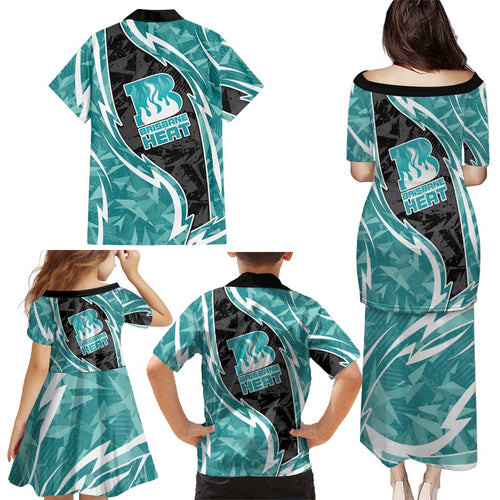 Brisbane Heat Family Matching Puletasi and Hawaiian Shirt Flaming Lightning Storm Geometric Sports Mascot Art