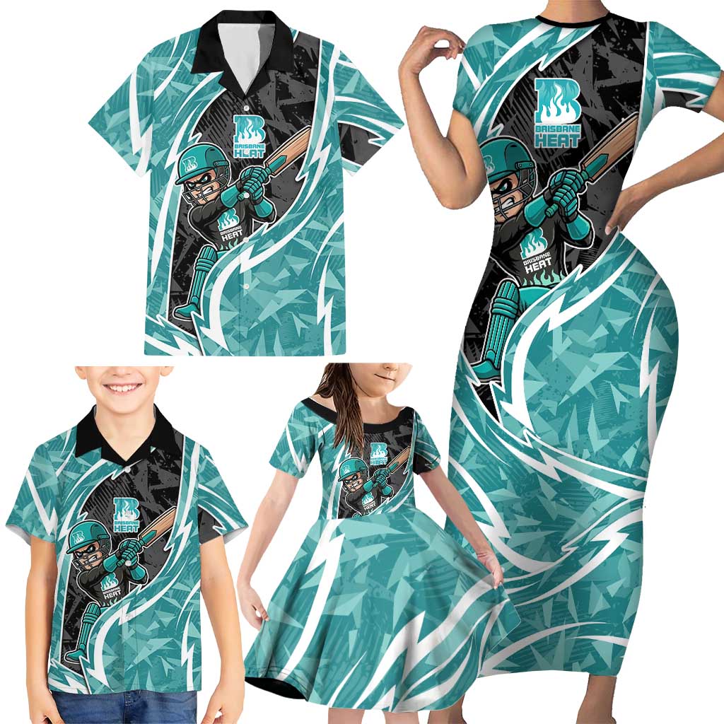 Brisbane Heat Family Matching Short Sleeve Bodycon Dress and Hawaiian Shirt Flaming Lightning Storm Geometric Sports Mascot Art