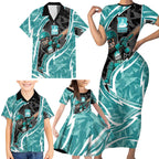 Brisbane Heat Family Matching Short Sleeve Bodycon Dress and Hawaiian Shirt Flaming Lightning Storm Geometric Sports Mascot Art