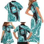 Brisbane Heat Family Matching Short Sleeve Bodycon Dress and Hawaiian Shirt Flaming Lightning Storm Geometric Sports Mascot Art