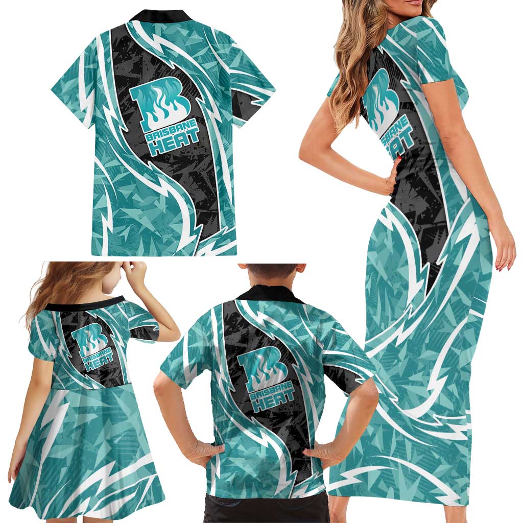 Brisbane Heat Family Matching Short Sleeve Bodycon Dress and Hawaiian Shirt Flaming Lightning Storm Geometric Sports Mascot Art