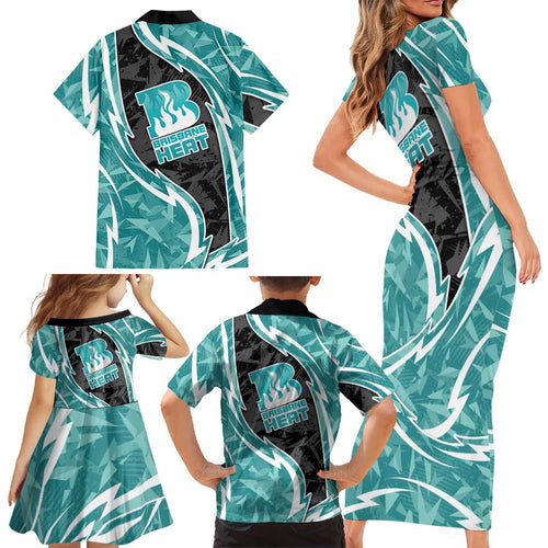Brisbane Heat Family Matching Short Sleeve Bodycon Dress and Hawaiian Shirt Flaming Lightning Storm Geometric Sports Mascot Art