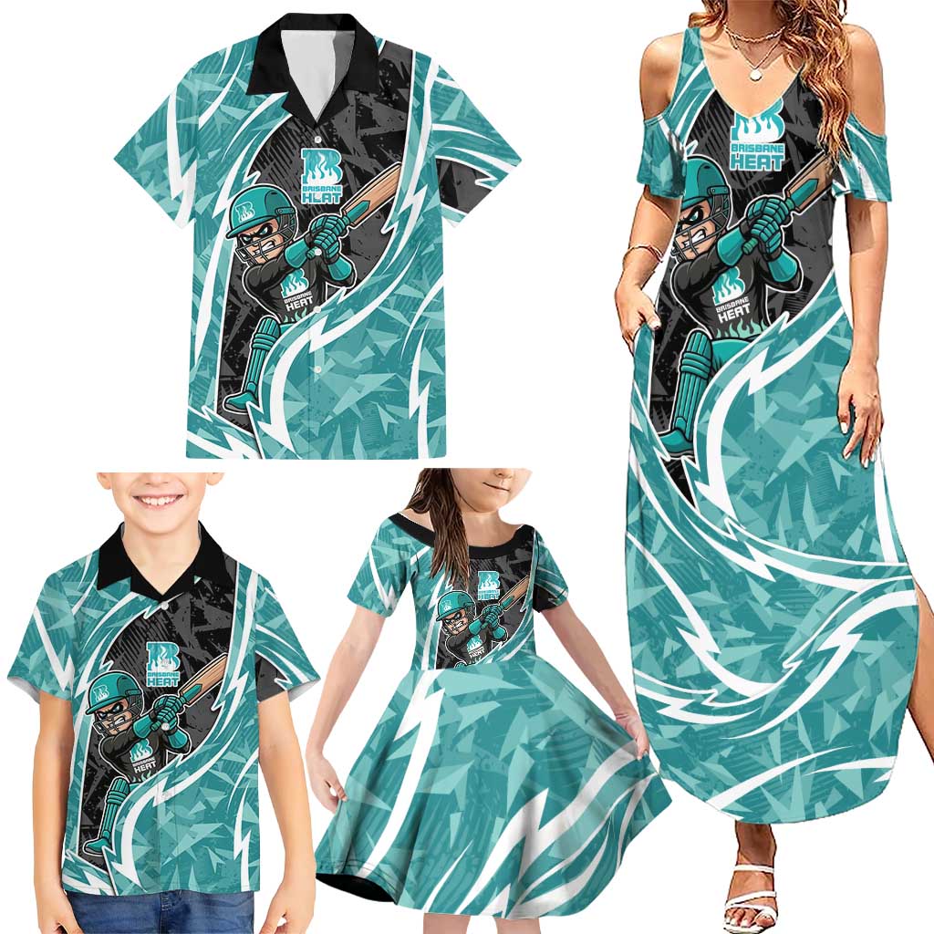 Brisbane Heat Family Matching Summer Maxi Dress and Hawaiian Shirt Flaming Lightning Storm Geometric Sports Mascot Art