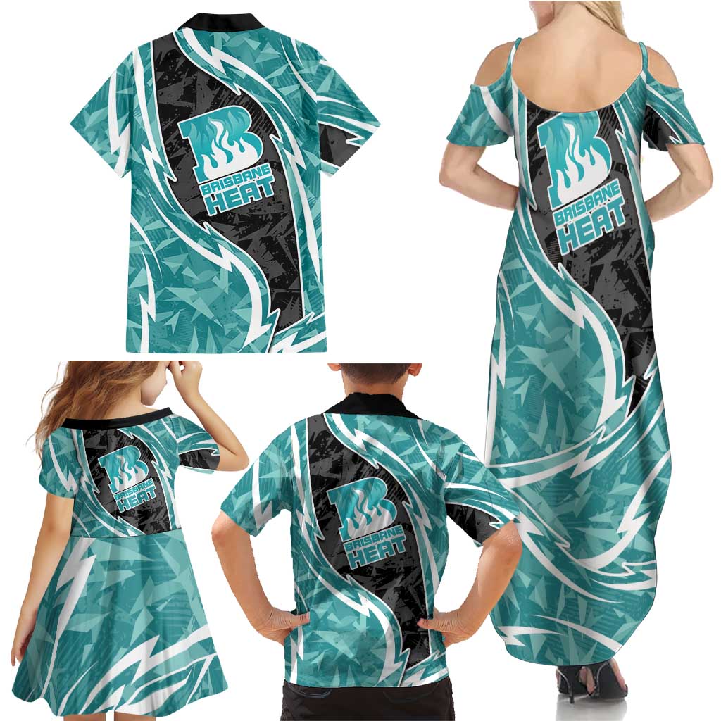 Brisbane Heat Family Matching Summer Maxi Dress and Hawaiian Shirt Flaming Lightning Storm Geometric Sports Mascot Art