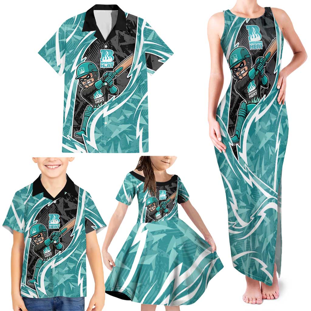 Brisbane Heat Family Matching Tank Maxi Dress and Hawaiian Shirt Flaming Lightning Storm Geometric Sports Mascot Art