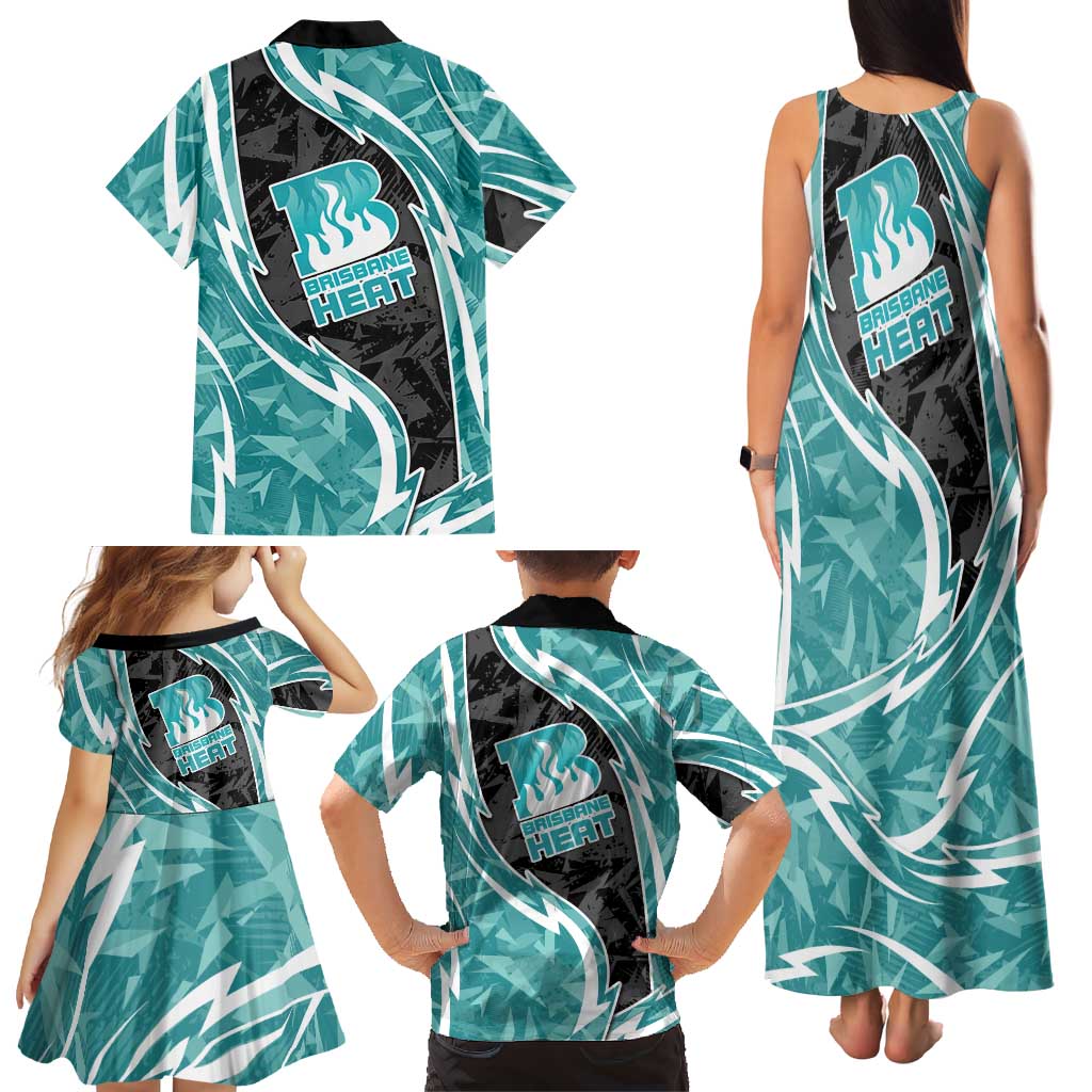 Brisbane Heat Family Matching Tank Maxi Dress and Hawaiian Shirt Flaming Lightning Storm Geometric Sports Mascot Art