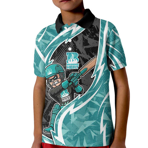 Brisbane Heat Kid Polo Shirt Flaming Lightning Storm Geometric Sports Mascot Art