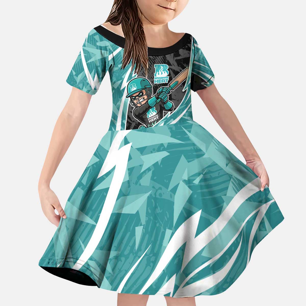 Brisbane Heat Kid Short Sleeve Dress Flaming Lightning Storm Geometric Sports Mascot Art