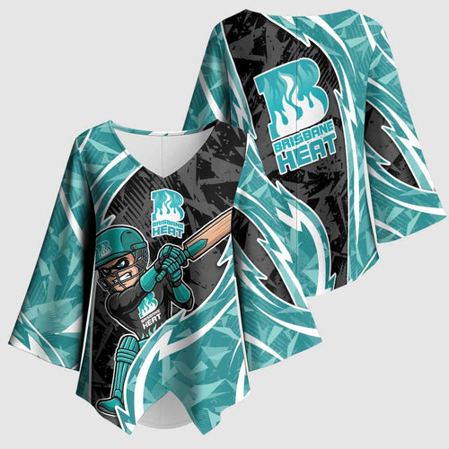 Brisbane Heat Kimono Sleeve Blouse Flaming Lightning Storm Geometric Sports Mascot Art