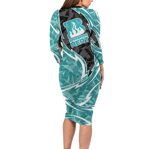 Brisbane Heat Long Sleeve Bodycon Dress Flaming Lightning Storm Geometric Sports Mascot Art