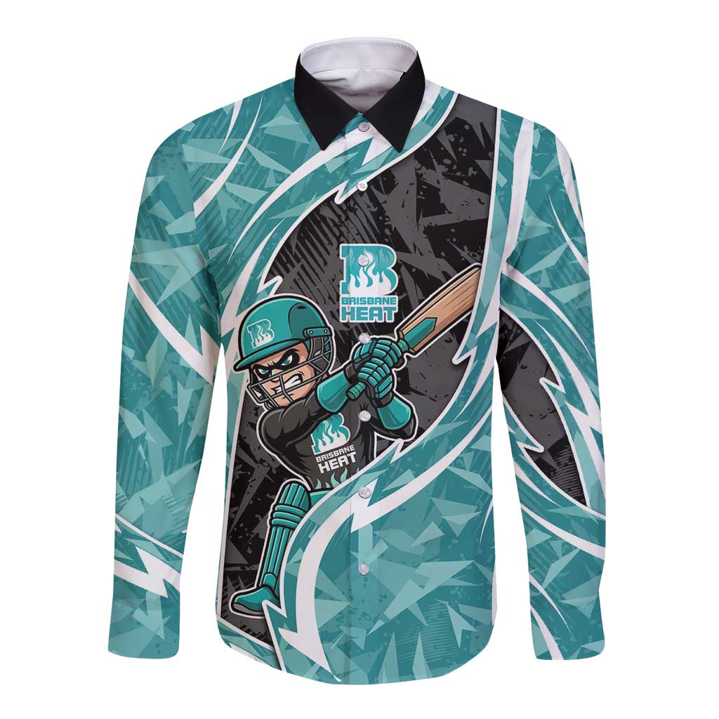 Brisbane Heat Long Sleeve Button Shirt Flaming Lightning Storm Geometric Sports Mascot Art