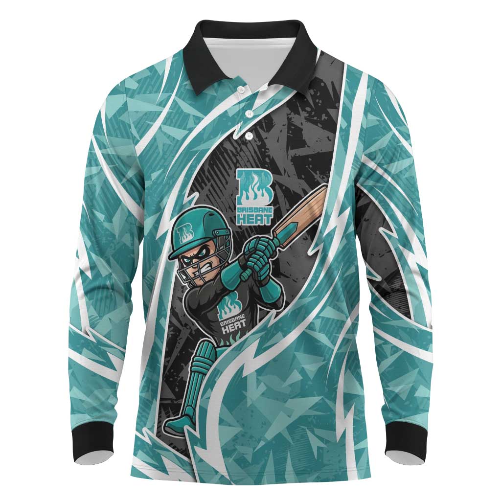 Brisbane Heat Long Sleeve Polo Shirt Flaming Lightning Storm Geometric Sports Mascot Art