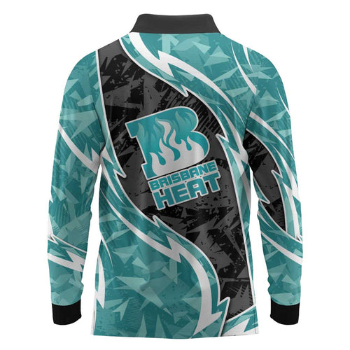 Brisbane Heat Long Sleeve Polo Shirt Flaming Lightning Storm Geometric Sports Mascot Art