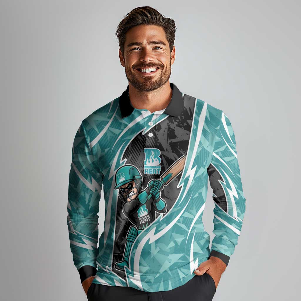 Brisbane Heat Long Sleeve Polo Shirt Flaming Lightning Storm Geometric Sports Mascot Art