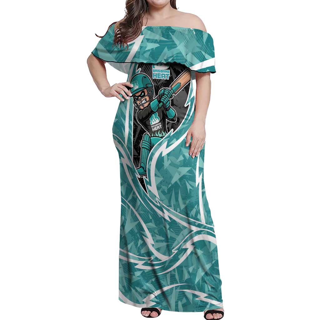 Brisbane Heat Off Shoulder Maxi Dress Flaming Lightning Storm Geometric Sports Mascot Art