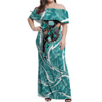 Brisbane Heat Off Shoulder Maxi Dress Flaming Lightning Storm Geometric Sports Mascot Art