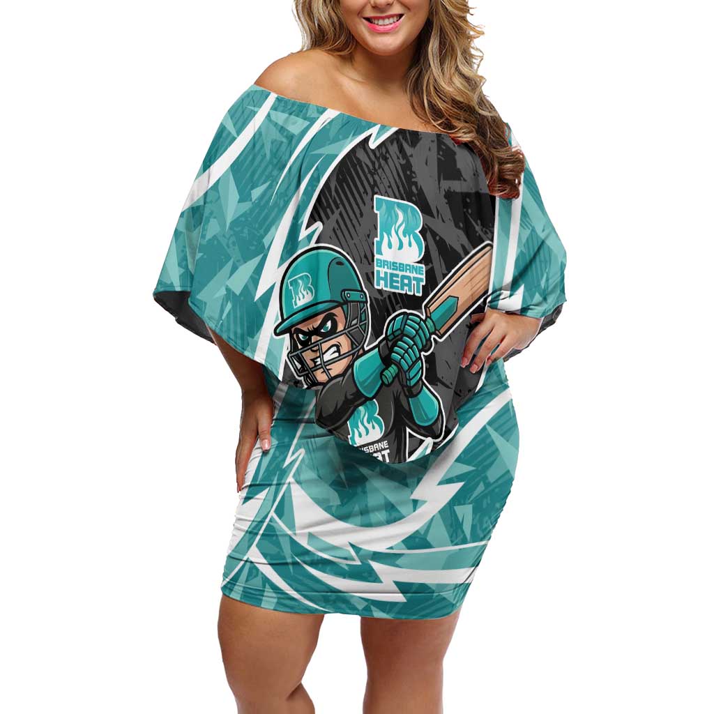 Brisbane Heat Off Shoulder Short Dress Flaming Lightning Storm Geometric Sports Mascot Art