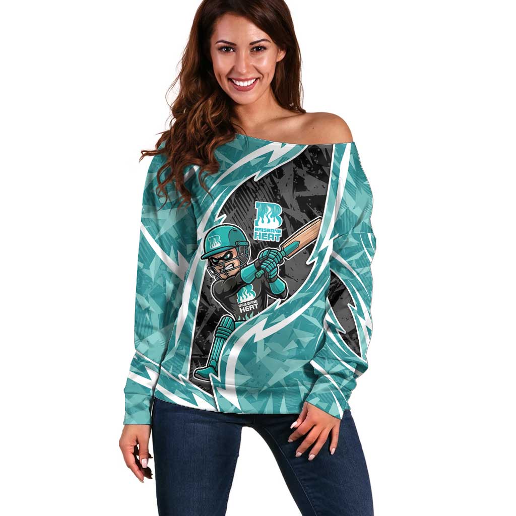 Brisbane Heat Off Shoulder Sweater Flaming Lightning Storm Geometric Sports Mascot Art