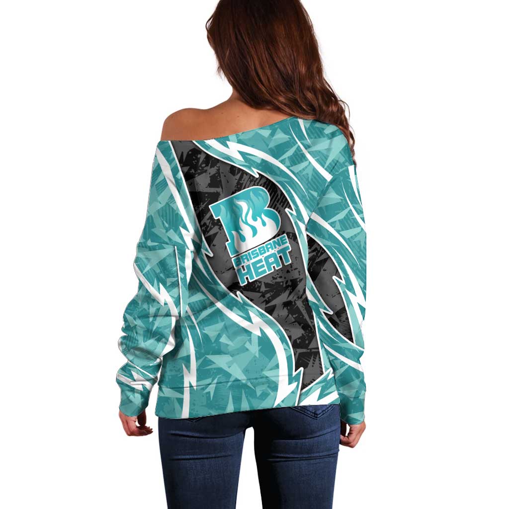 Brisbane Heat Off Shoulder Sweater Flaming Lightning Storm Geometric Sports Mascot Art