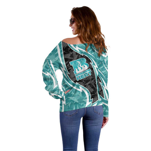 Brisbane Heat Off Shoulder Sweater Flaming Lightning Storm Geometric Sports Mascot Art