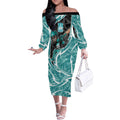 Brisbane Heat Off The Shoulder Long Sleeve Dress Flaming Lightning Storm Geometric Sports Mascot Art