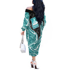 Brisbane Heat Off The Shoulder Long Sleeve Dress Flaming Lightning Storm Geometric Sports Mascot Art