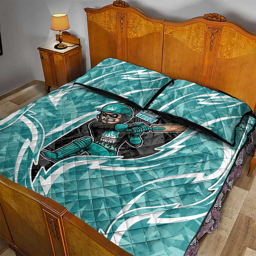 Brisbane Heat Quilt Bed Set Flaming Lightning Storm Geometric Sports Mascot Art