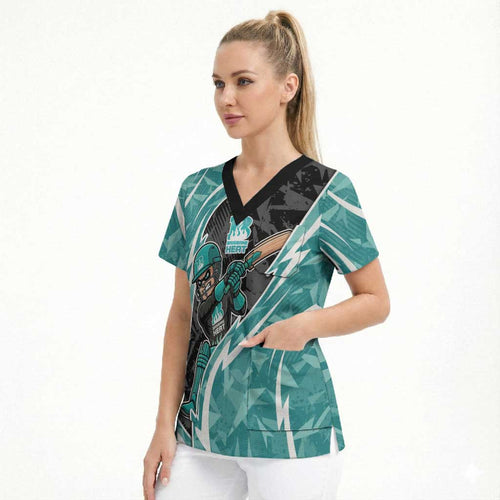 Brisbane Heat Scrub Top Flaming Lightning Storm Geometric Sports Mascot Art