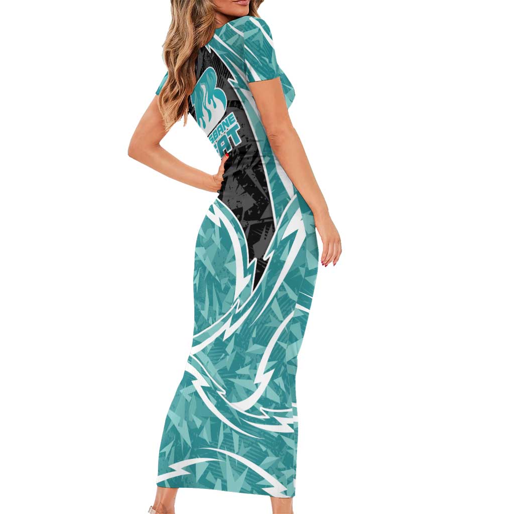 Brisbane Heat Short Sleeve Bodycon Dress Flaming Lightning Storm Geometric Sports Mascot Art