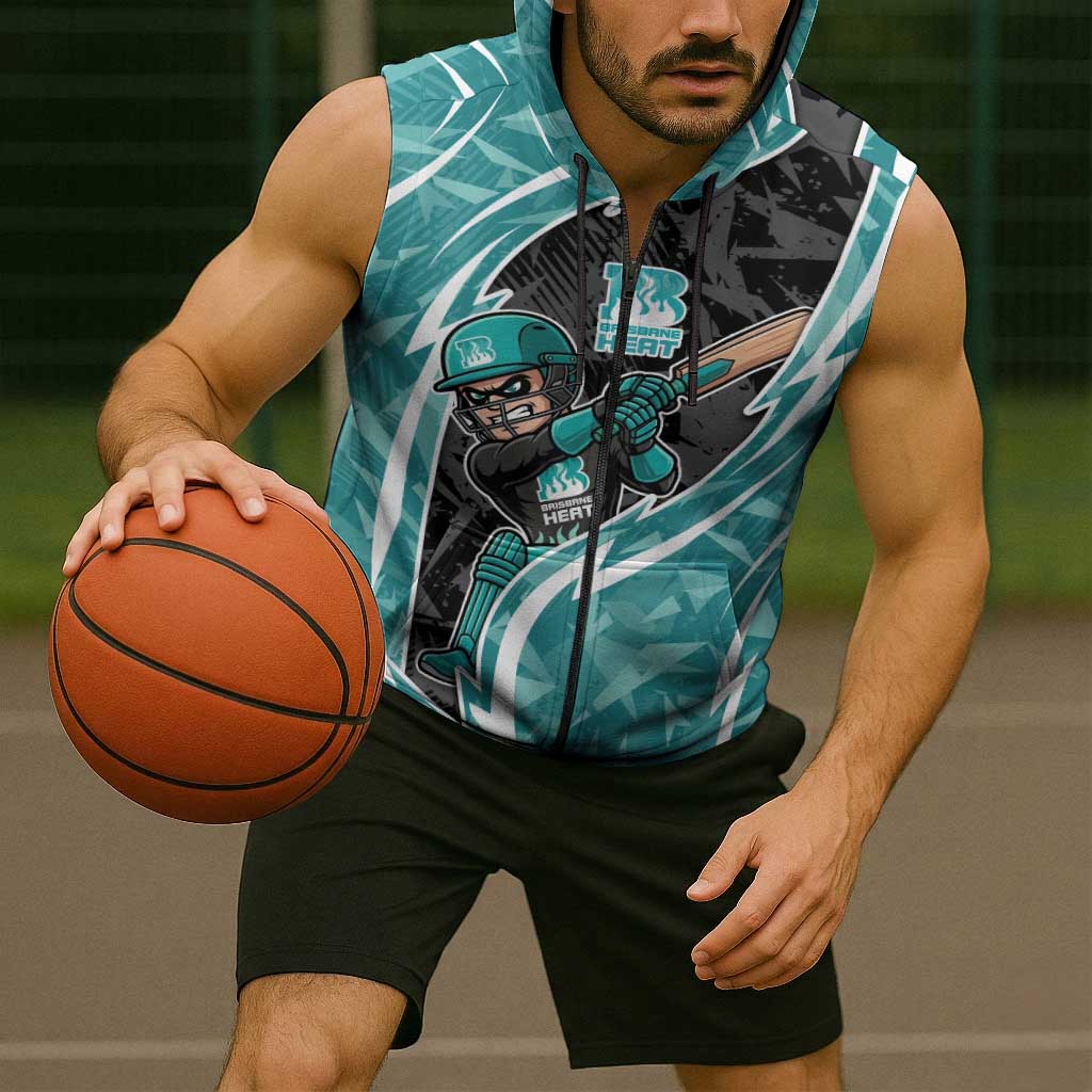 Brisbane Heat Sleeveless Zip Hoodie Flaming Lightning Storm Geometric Sports Mascot Art