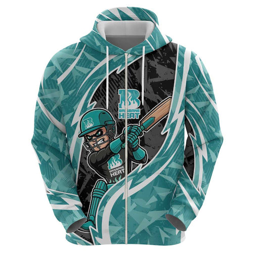Brisbane Heat Zip Hoodie Flaming Lightning Storm Geometric Sports Mascot Art