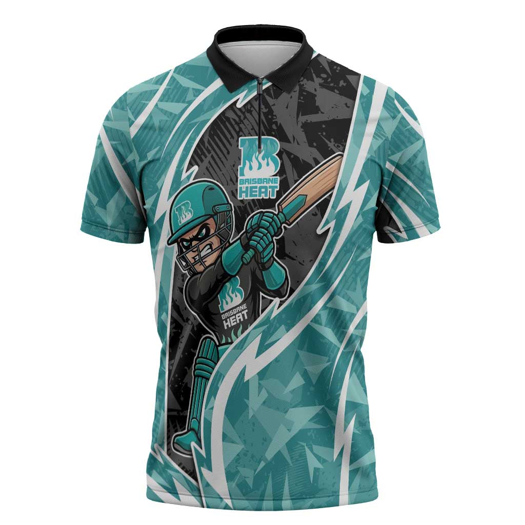 Brisbane Heat Zipper Polo Shirt Flaming Lightning Storm Geometric Sports Mascot Art
