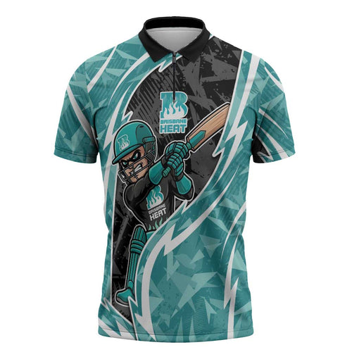 Brisbane Heat Zipper Polo Shirt Flaming Lightning Storm Geometric Sports Mascot Art