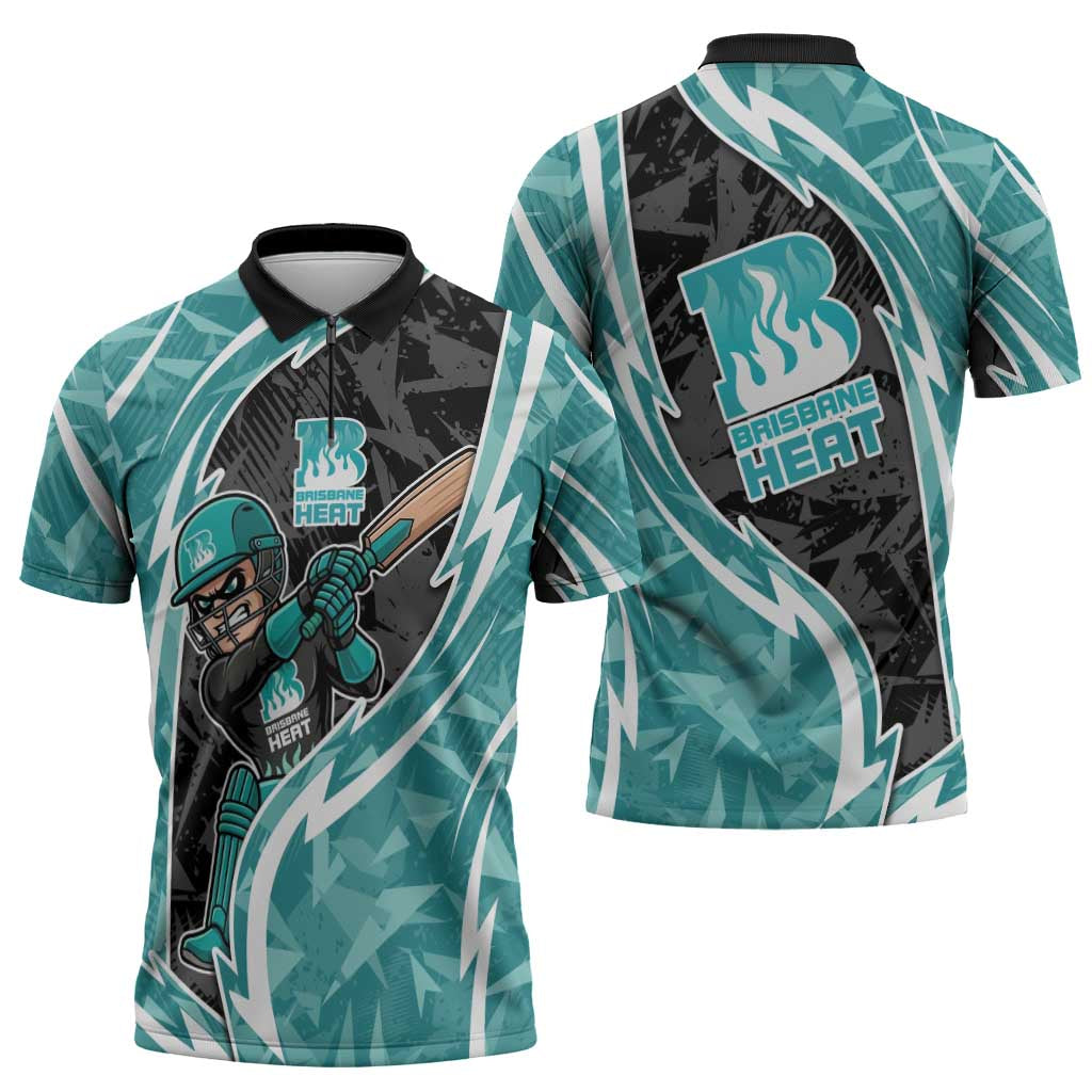Brisbane Heat Zipper Polo Shirt Flaming Lightning Storm Geometric Sports Mascot Art