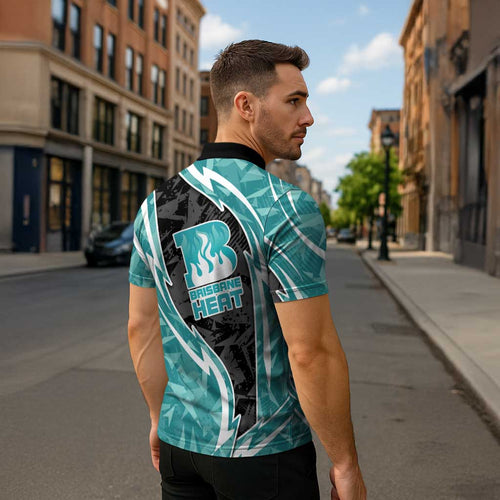 Brisbane Heat Zipper Polo Shirt Flaming Lightning Storm Geometric Sports Mascot Art