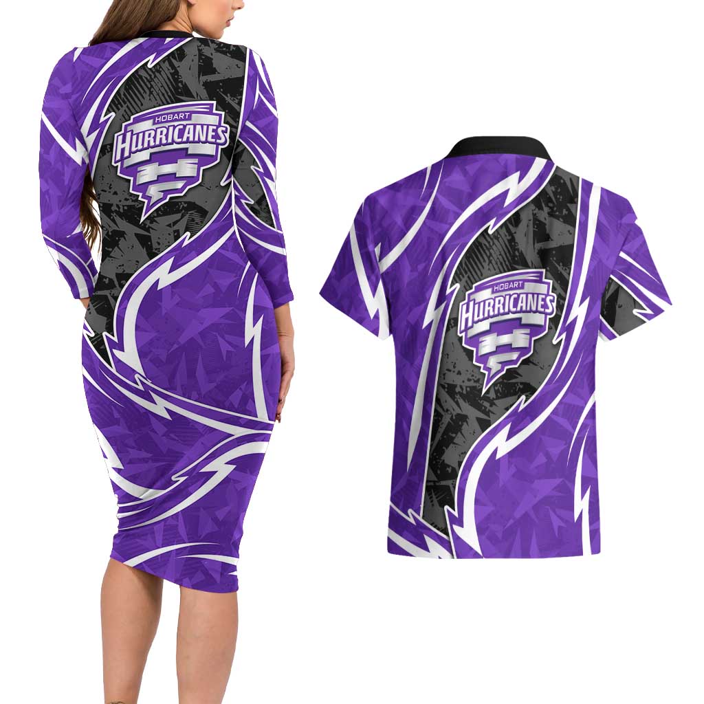 Hobart Hurricanes Couples Matching Long Sleeve Bodycon Dress and Hawaiian Shirt Flaming Lightning Storm Geometric Sports Mascot Art