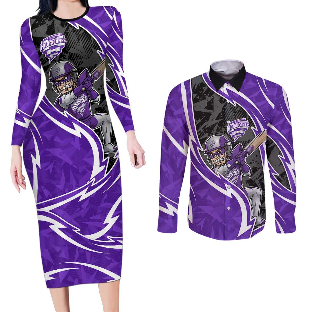 Hobart Hurricanes Couples Matching Long Sleeve Bodycon Dress and Long Sleeve Button Shirt Flaming Lightning Storm Geometric Sports Mascot Art