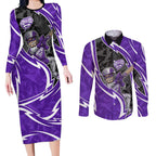 Hobart Hurricanes Couples Matching Long Sleeve Bodycon Dress and Long Sleeve Button Shirt Flaming Lightning Storm Geometric Sports Mascot Art