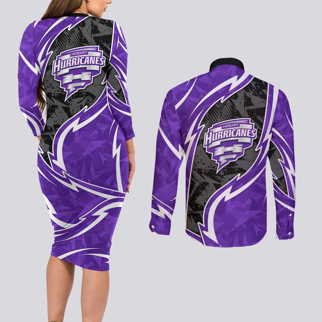 Hobart Hurricanes Couples Matching Long Sleeve Bodycon Dress and Long Sleeve Button Shirt Flaming Lightning Storm Geometric Sports Mascot Art