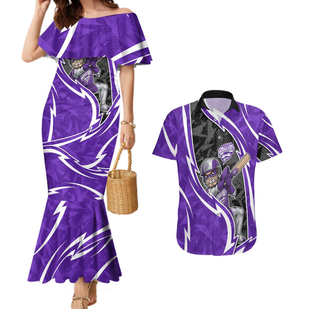 Hobart Hurricanes Couples Matching Mermaid Dress and Hawaiian Shirt Flaming Lightning Storm Geometric Sports Mascot Art