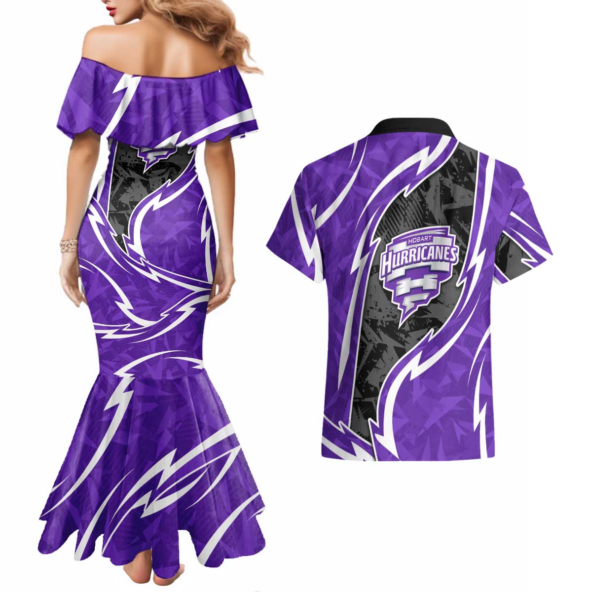 Hobart Hurricanes Couples Matching Mermaid Dress and Hawaiian Shirt Flaming Lightning Storm Geometric Sports Mascot Art