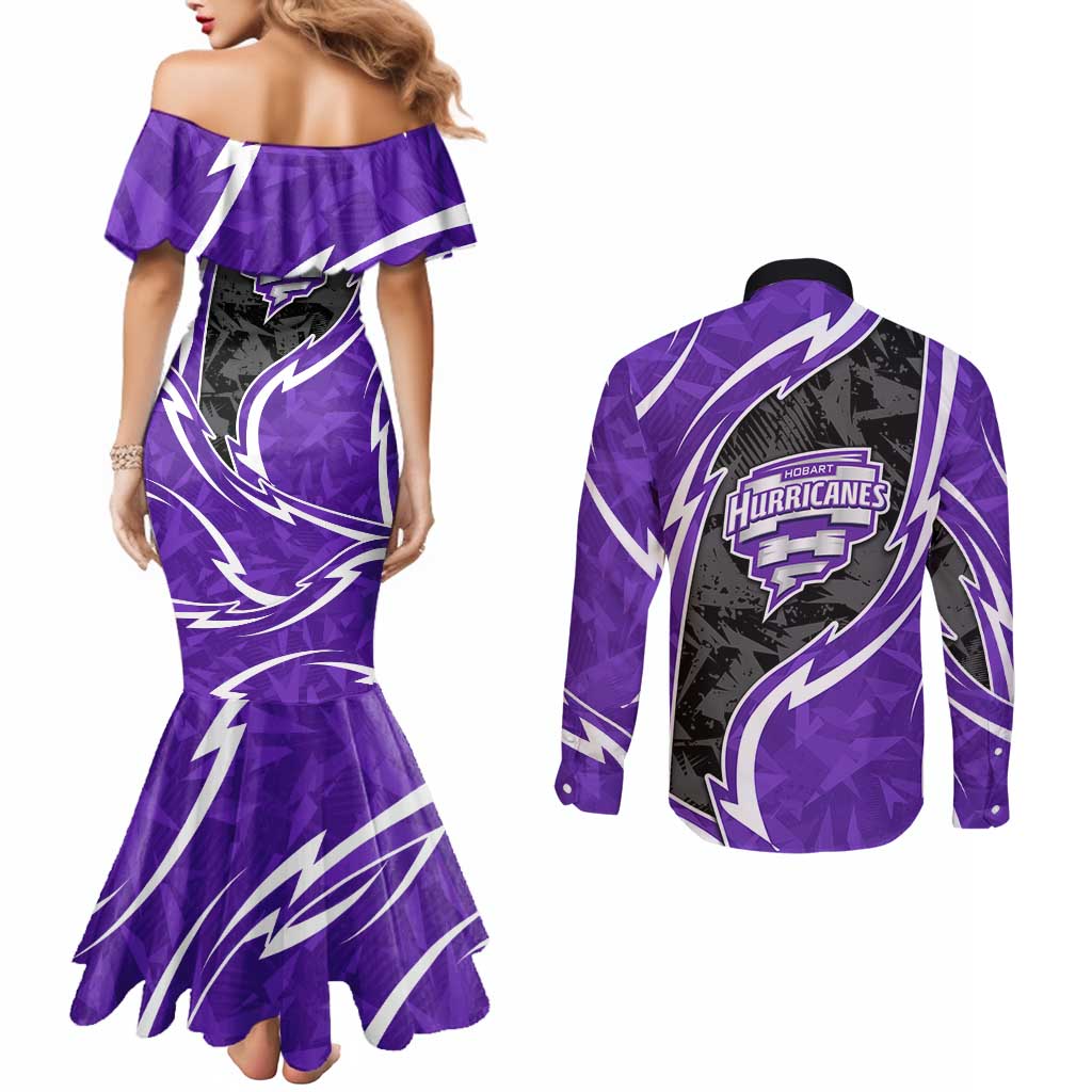 Hobart Hurricanes Couples Matching Mermaid Dress and Long Sleeve Button Shirt Flaming Lightning Storm Geometric Sports Mascot Art