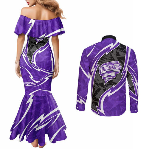 Hobart Hurricanes Couples Matching Mermaid Dress and Long Sleeve Button Shirt Flaming Lightning Storm Geometric Sports Mascot Art