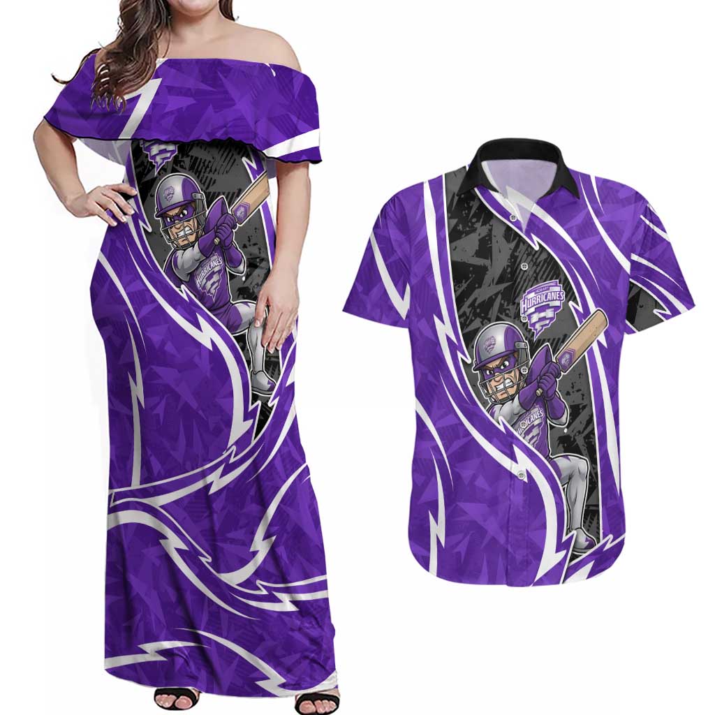 Hobart Hurricanes Couples Matching Off Shoulder Maxi Dress and Hawaiian Shirt Flaming Lightning Storm Geometric Sports Mascot Art