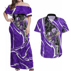 Hobart Hurricanes Couples Matching Off Shoulder Maxi Dress and Hawaiian Shirt Flaming Lightning Storm Geometric Sports Mascot Art
