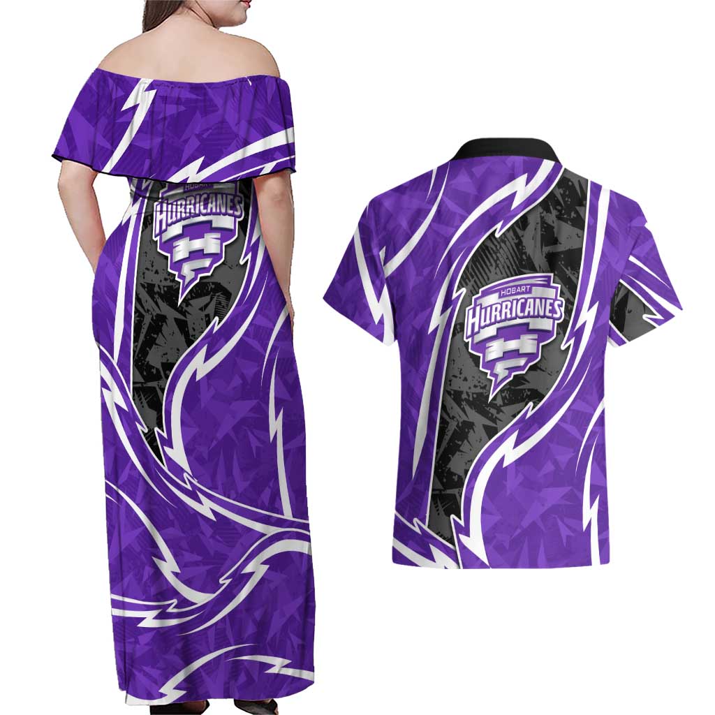 Hobart Hurricanes Couples Matching Off Shoulder Maxi Dress and Hawaiian Shirt Flaming Lightning Storm Geometric Sports Mascot Art