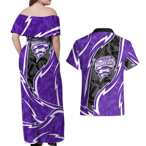 Hobart Hurricanes Couples Matching Off Shoulder Maxi Dress and Hawaiian Shirt Flaming Lightning Storm Geometric Sports Mascot Art