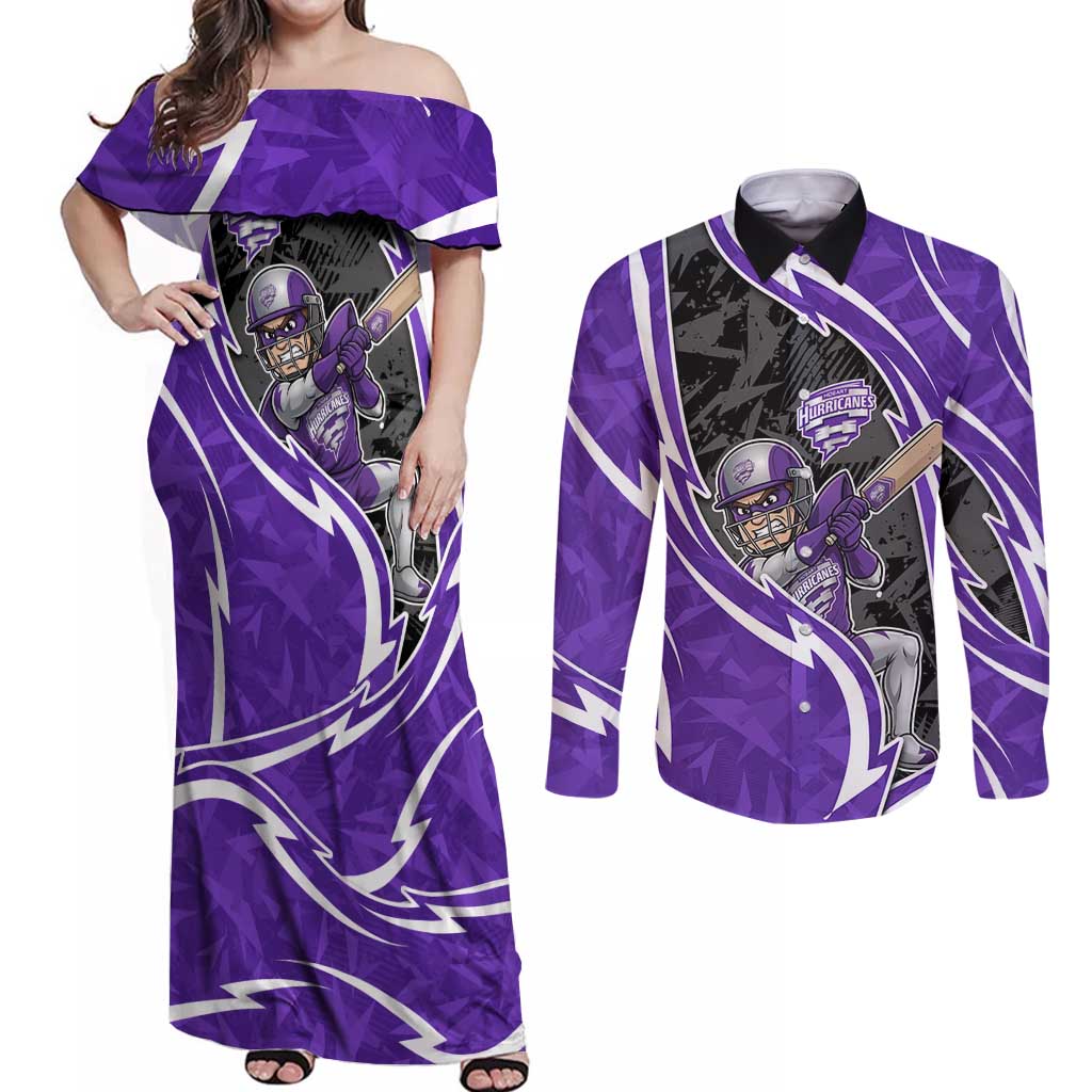 Hobart Hurricanes Couples Matching Off Shoulder Maxi Dress and Long Sleeve Button Shirt Flaming Lightning Storm Geometric Sports Mascot Art