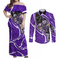 Hobart Hurricanes Couples Matching Off Shoulder Maxi Dress and Long Sleeve Button Shirt Flaming Lightning Storm Geometric Sports Mascot Art