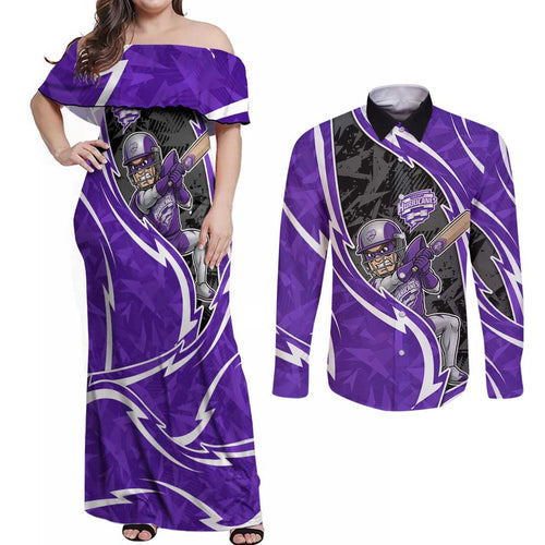 Hobart Hurricanes Couples Matching Off Shoulder Maxi Dress and Long Sleeve Button Shirt Flaming Lightning Storm Geometric Sports Mascot Art